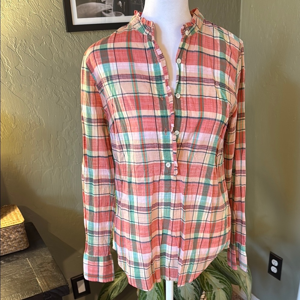 J. Crew Green and Orange Button Down Blouse with Mandarin Collar